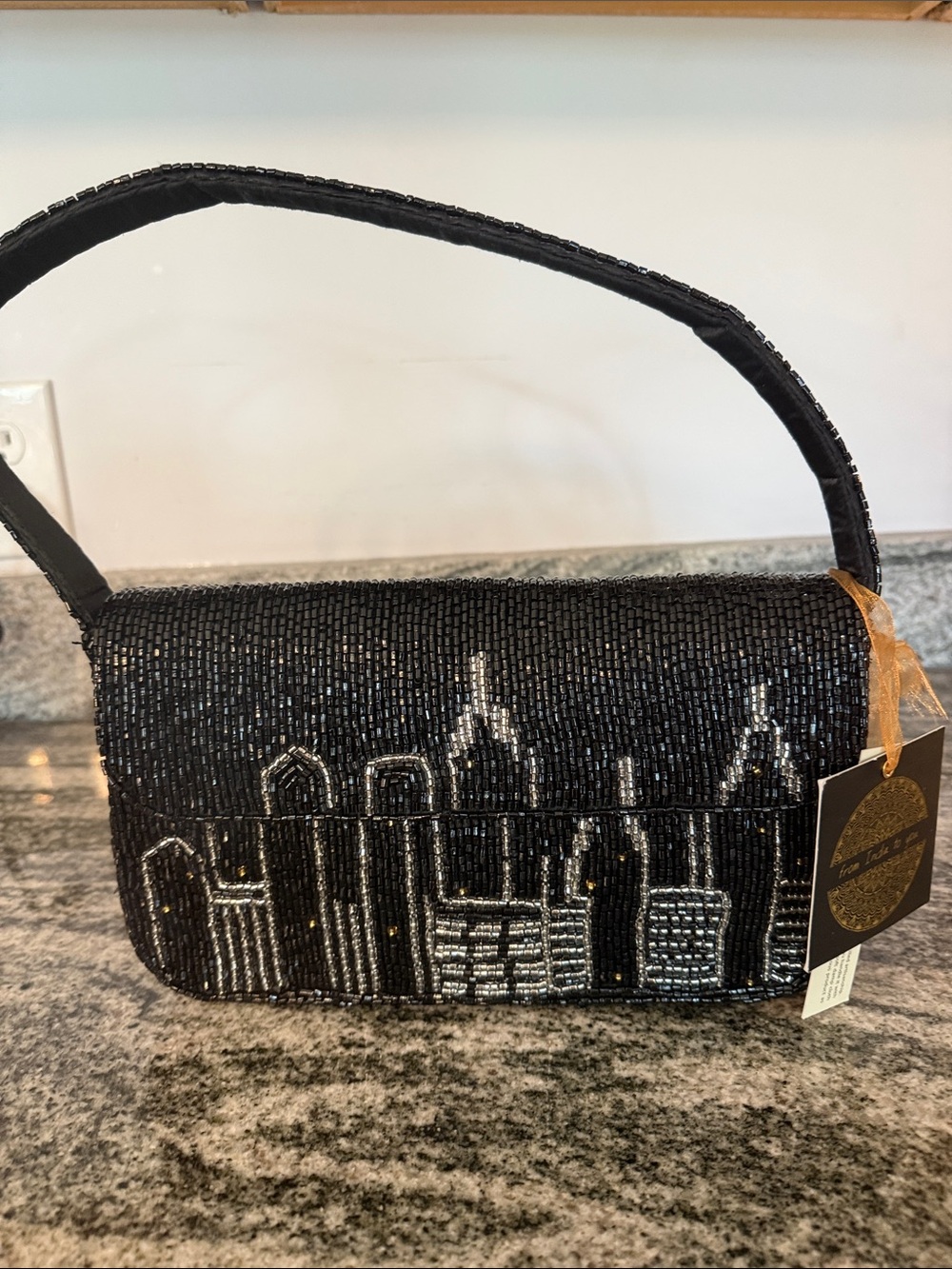Beaded Black Evening Clutch with Silver Skyline Accent